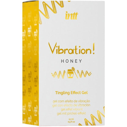 INTT Gel Vibrador Estimulante Íntimo com Mel Líquido 15 ML, detalhe da embalagem e textura do gel.