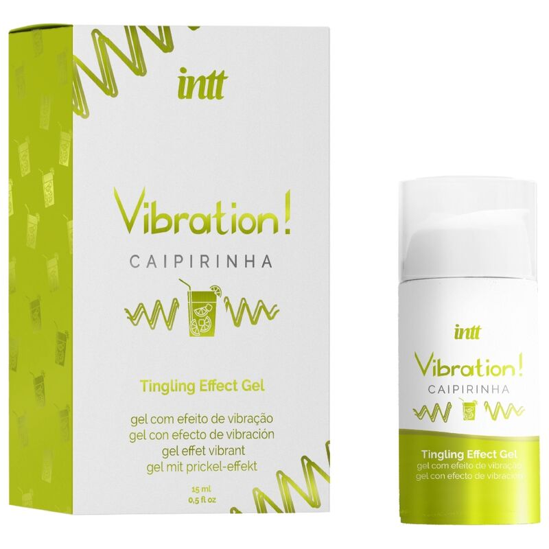 Close-up of the INTT Gel Vibrador Líquido Estimulante Íntimo Caipirinha 15 ML, showing its packaging and design.