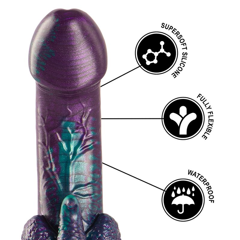 Close-up do EPIC CYBERSILICOCK Dildo Duplo Basilisk Escamoso, mostrando sua textura única e design inspirado na mitologia.