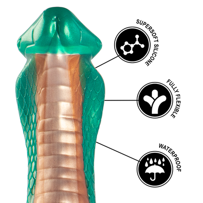 Close-up of the EPIC CYBERSILICOCK Dildo Python Cobra Verde, highlighting its realistic texture and vibrant green color.