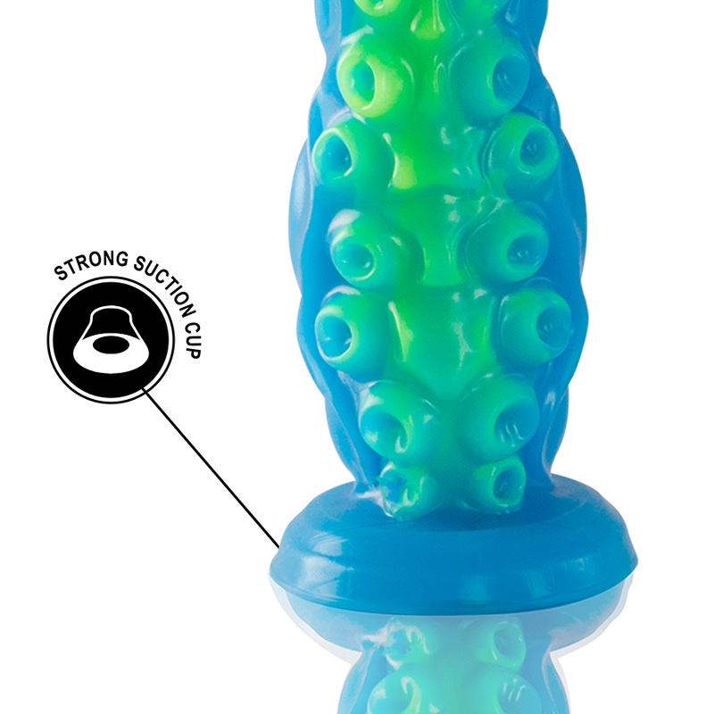 Close-up do Dildo EPIC Scylla Fluorescente Tentáculo Fino Pequeno, mostrando seu design único e cor vibrante.