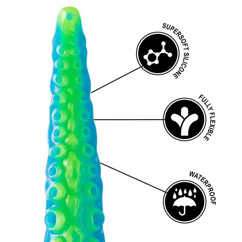 Close-up do Dildo EPIC Scylla Fluorescente Tentáculo Fino Pequeno, mostrando seu design único e cor vibrante.