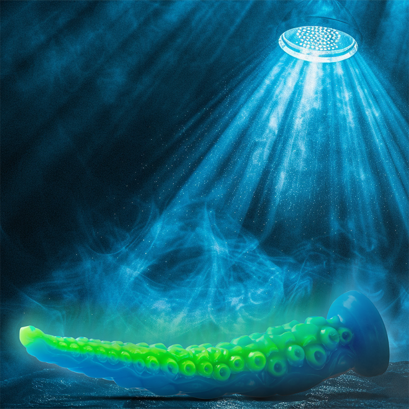 Close-up do Dildo EPIC Scylla Fluorescente Tentáculo Fino Pequeno, mostrando seu design único e cor vibrante.