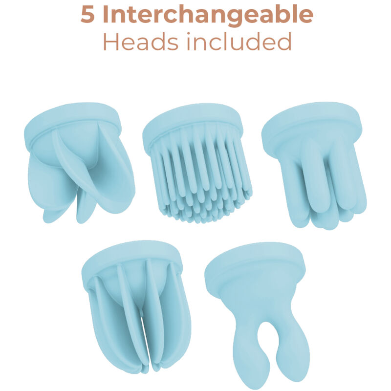 Close-up do Adrien Lastic Caress Azul, um estimulador de clitóris com design ergonómico e 5 cabeças intercambiáveis para diferentes sensações.