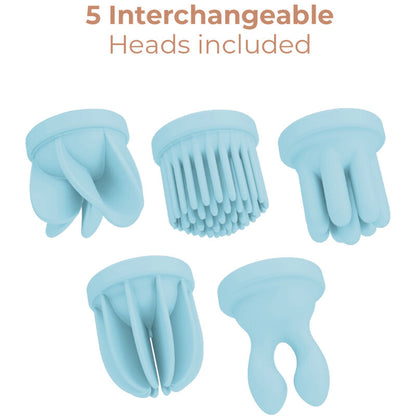 Close-up do Adrien Lastic Caress Azul, um estimulador de clitóris com design ergonómico e 5 cabeças intercambiáveis para diferentes sensações.