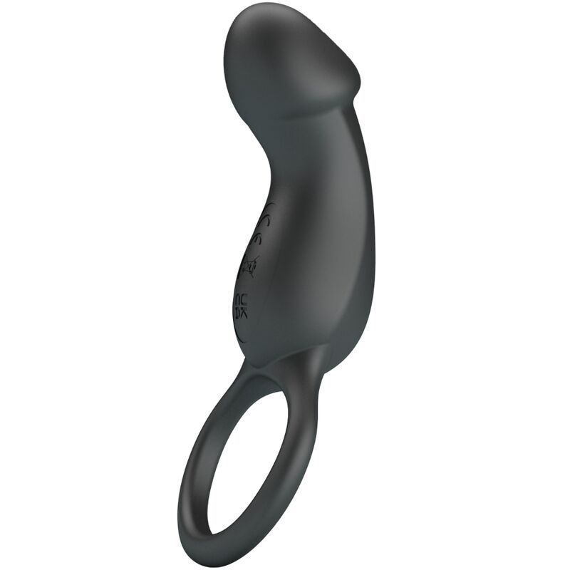 PRETTY LOVE Anel Peniano e Plug Anal Vibratório Warren Black em silicone preto com controlo remoto, mostrando as suas características de estimulação dupla.