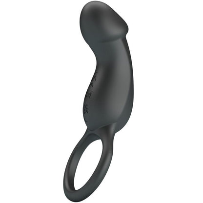 PRETTY LOVE Anel Peniano e Plug Anal Vibratório Warren Black em silicone preto com controlo remoto, mostrando as suas características de estimulação dupla.