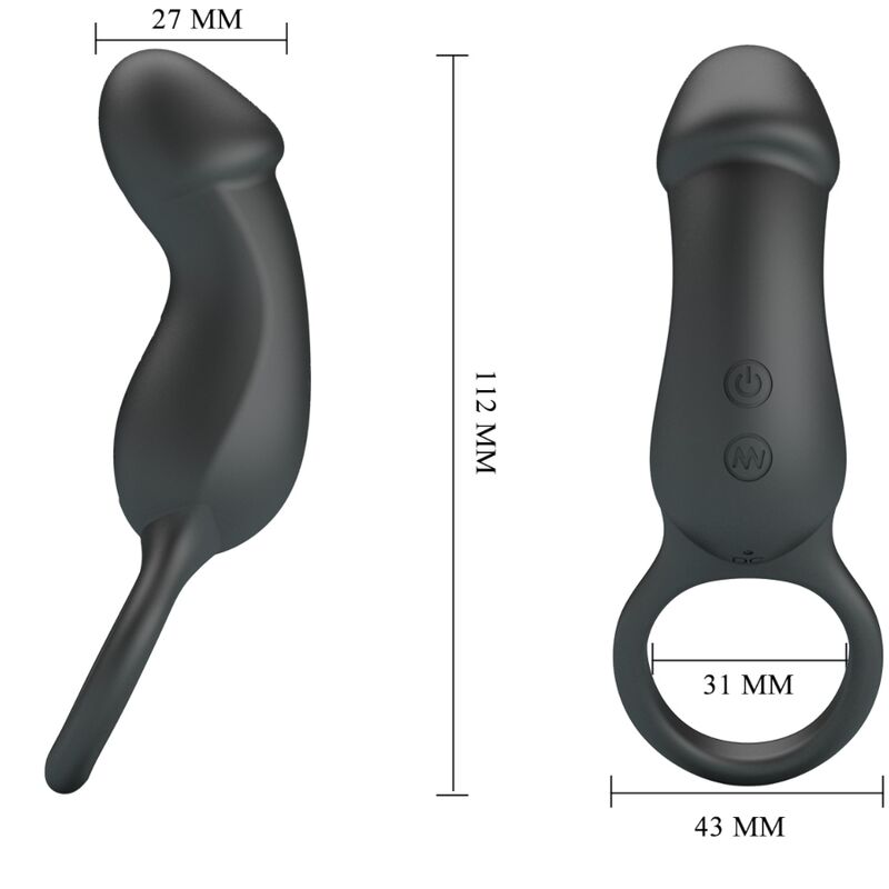 PRETTY LOVE Anel Peniano e Plug Anal Vibratório Warren Black em silicone preto com controlo remoto, mostrando as suas características de estimulação dupla.