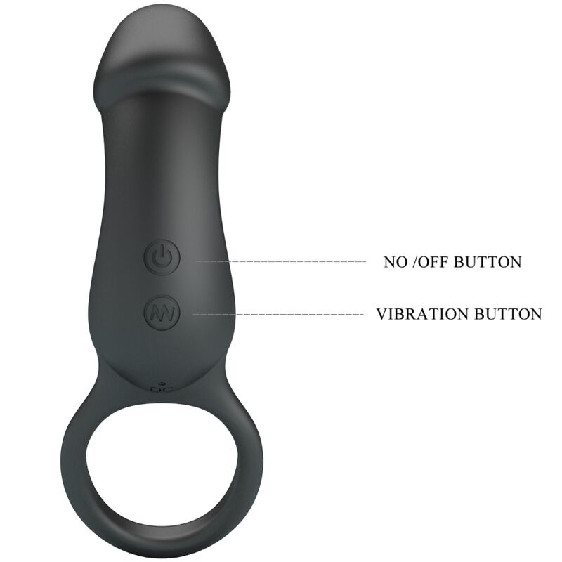 PRETTY LOVE Anel Peniano e Plug Anal Vibratório Warren Black em silicone preto com controlo remoto, mostrando as suas características de estimulação dupla.