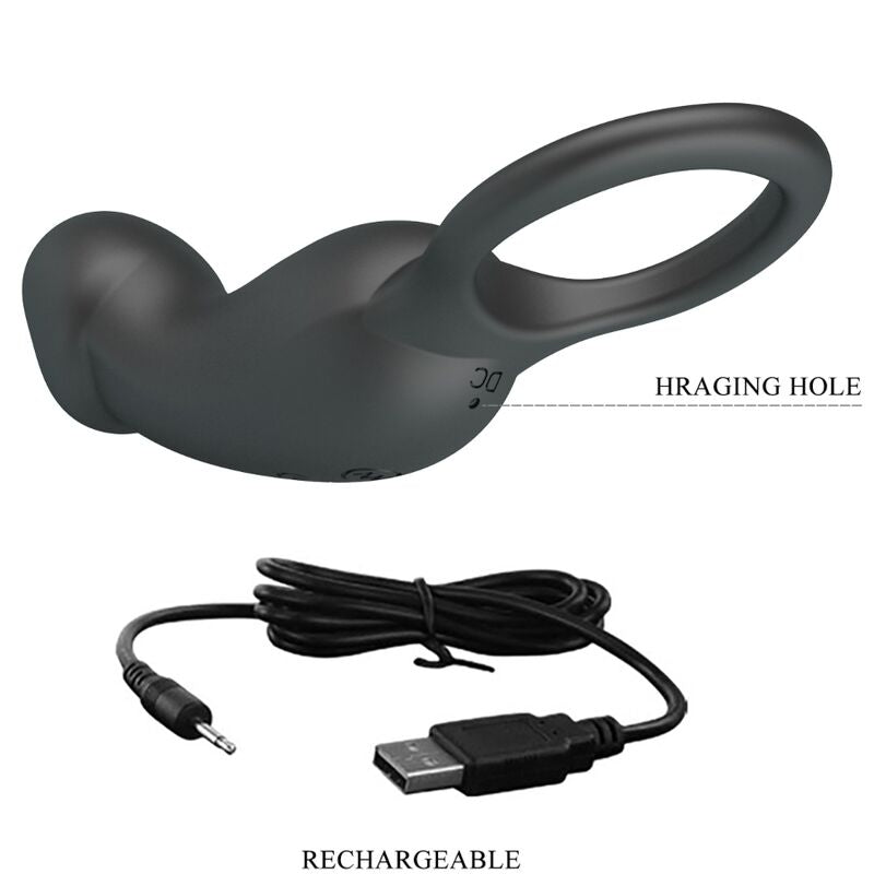 PRETTY LOVE Anel Peniano e Plug Anal Vibratório Warren Black em silicone preto com controlo remoto, mostrando as suas características de estimulação dupla.