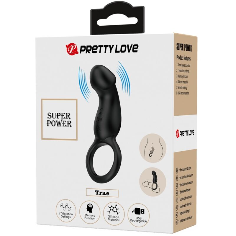 PRETTY LOVE Anel Peniano e Plug Anal Vibratório Warren Black em silicone preto com controlo remoto, mostrando as suas características de estimulação dupla.