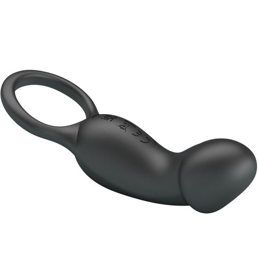 PRETTY LOVE Anel Peniano e Plug Anal Vibratório Warren Black em silicone preto com controlo remoto, mostrando as suas características de estimulação dupla.