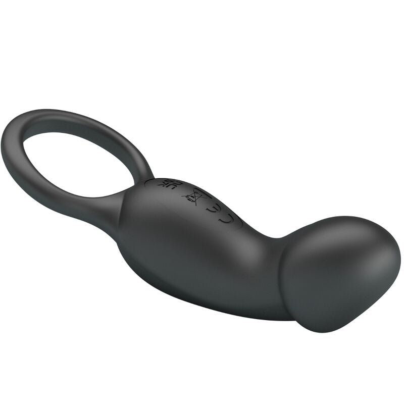 PRETTY LOVE Anel Peniano e Plug Anal Vibratório Warren Black em silicone preto com controlo remoto, mostrando as suas características de estimulação dupla.