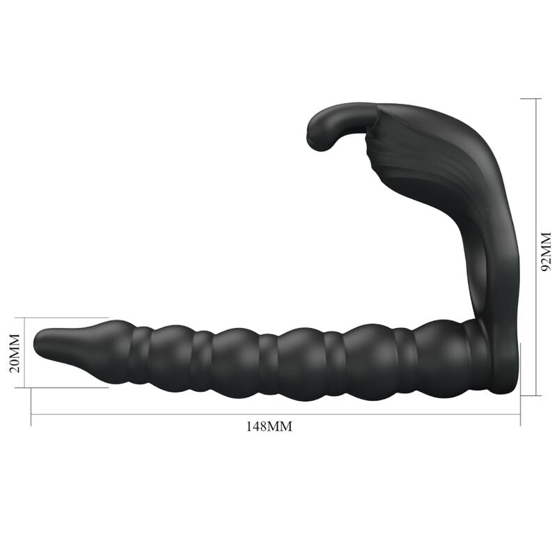 Close-up do PRETTY LOVE Blackney Anel Peniano com Plug Vibrador de Próstata, destacando seu design e material de silicone.