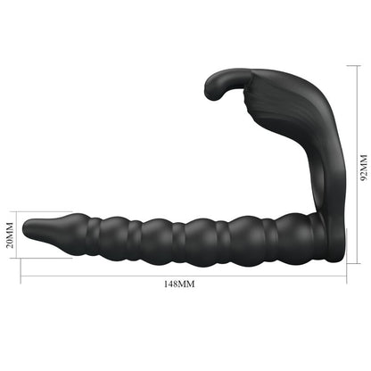 Close-up do PRETTY LOVE Blackney Anel Peniano com Plug Vibrador de Próstata, destacando seu design e material de silicone.
