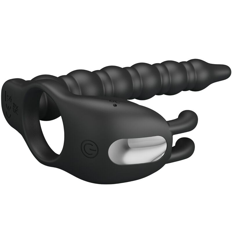 Close-up do PRETTY LOVE Blackney Anel Peniano com Plug Vibrador de Próstata, destacando seu design e material de silicone.
