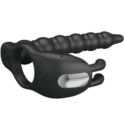 Close-up do PRETTY LOVE Blackney Anel Peniano com Plug Vibrador de Próstata, destacando seu design e material de silicone.