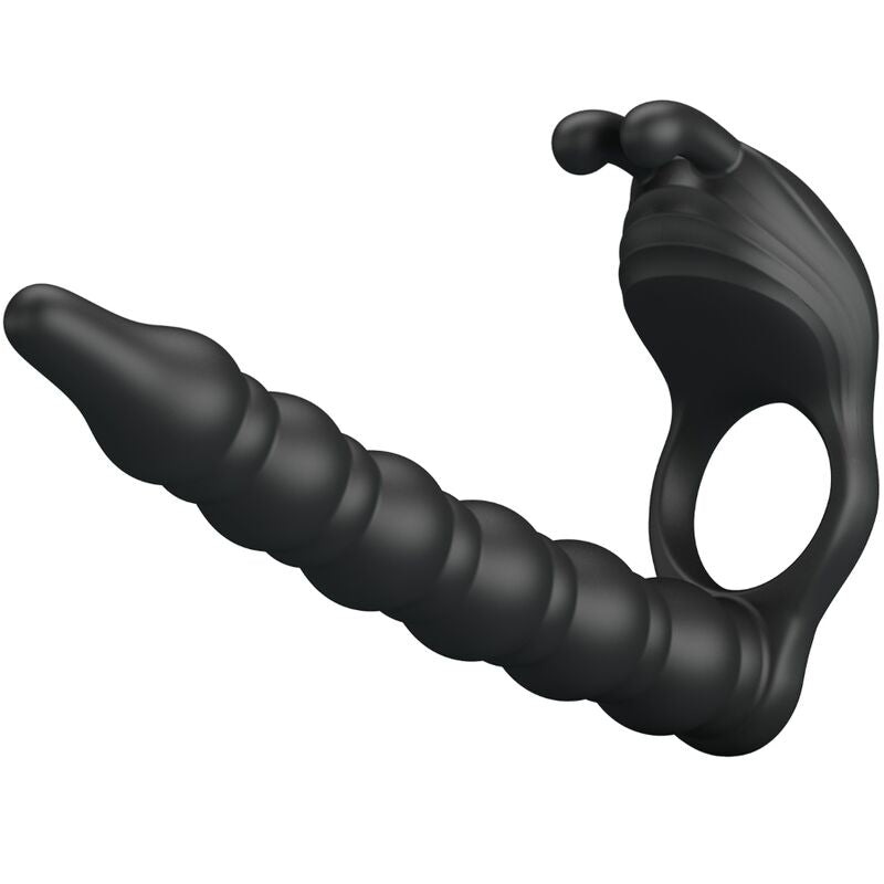Close-up do PRETTY LOVE Blackney Anel Peniano com Plug Vibrador de Próstata, destacando seu design e material de silicone.