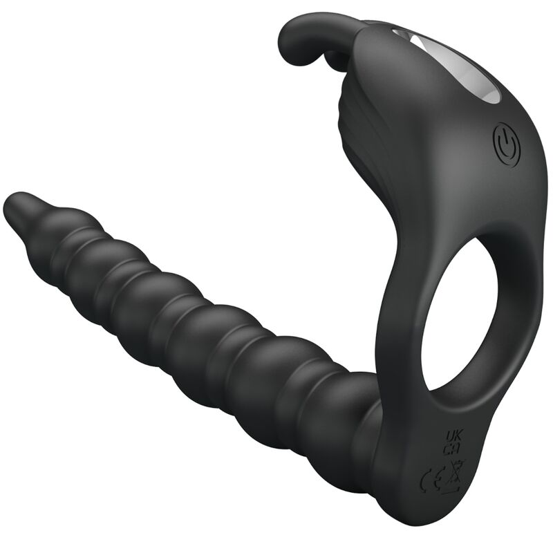 Close-up do PRETTY LOVE Blackney Anel Peniano com Plug Vibrador de Próstata, destacando seu design e material de silicone.