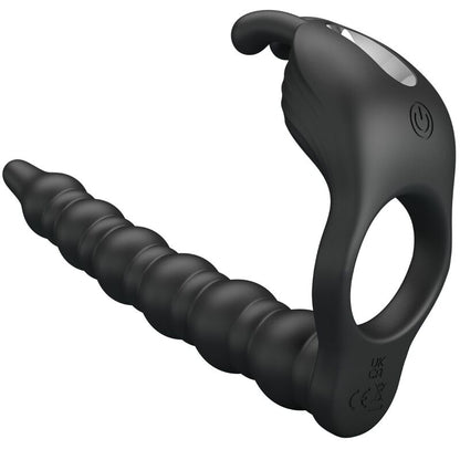 Close-up do PRETTY LOVE Blackney Anel Peniano com Plug Vibrador de Próstata, destacando seu design e material de silicone.