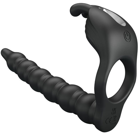 Close-up do PRETTY LOVE Blackney Anel Peniano com Plug Vibrador de Próstata, destacando seu design e material de silicone.