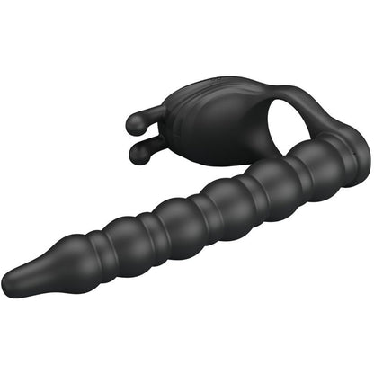 Close-up do PRETTY LOVE Blackney Anel Peniano com Plug Vibrador de Próstata, destacando seu design e material de silicone.
