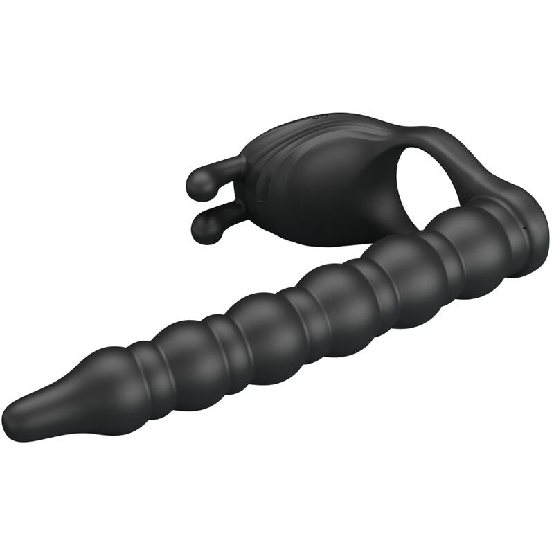 Close-up do PRETTY LOVE Blackney Anel Peniano com Plug Vibrador de Próstata, destacando seu design e material de silicone.