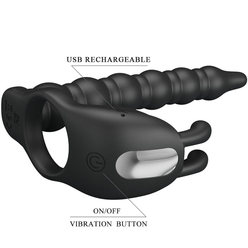 Close-up do PRETTY LOVE Blackney Anel Peniano com Plug Vibrador de Próstata, destacando seu design e material de silicone.