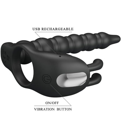Close-up do PRETTY LOVE Blackney Anel Peniano com Plug Vibrador de Próstata, destacando seu design e material de silicone.