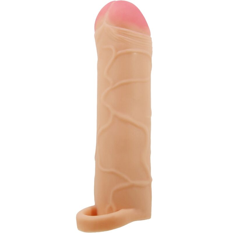 Capa peniana extensor PRETTY LOVE de silicone, mostrando sua textura realista e forma ergonómica.