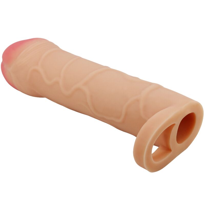 Capa peniana extensor PRETTY LOVE de silicone, mostrando sua textura realista e forma ergonómica.