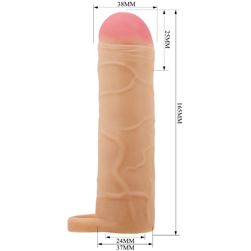 Capa peniana extensor PRETTY LOVE de silicone, mostrando sua textura realista e forma ergonómica.