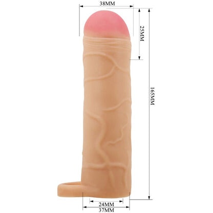 Capa peniana extensor PRETTY LOVE de silicone, mostrando sua textura realista e forma ergonómica.