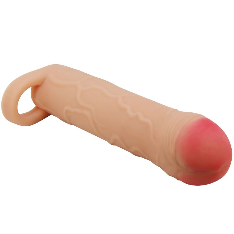 Capa peniana extensor PRETTY LOVE de silicone, mostrando sua textura realista e forma ergonómica.