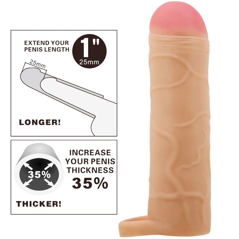 Capa peniana extensor PRETTY LOVE de silicone, mostrando sua textura realista e forma ergonómica.