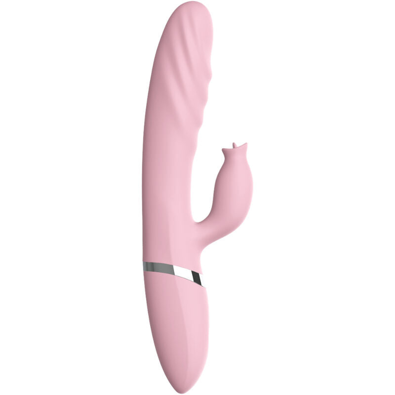 Close-up do Vibrador e Thrusting Armony com Língua Aquecida Rosa, mostrando seu design ergonômico e detalhes.