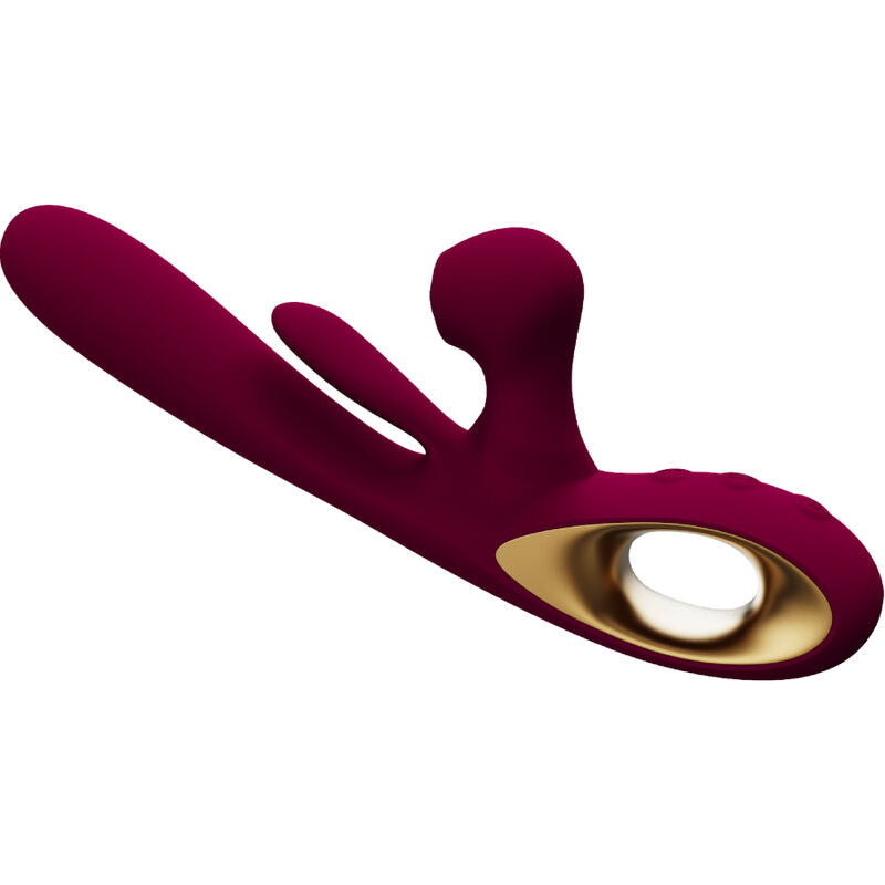 Close-up do ARMONY Vibrador de Impacto Swing com Estimulador Duplo e Língua Móvel, em cor bordeaux, mostrando detalhes do seu design ergonómico e textura.