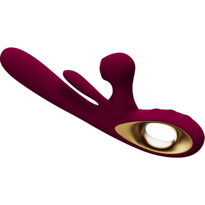 Close-up do ARMONY Vibrador de Impacto Swing com Estimulador Duplo e Língua Móvel, em cor bordeaux, mostrando detalhes do seu design ergonómico e textura.