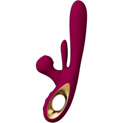 Close-up do ARMONY Vibrador de Impacto Swing com Estimulador Duplo e Língua Móvel, em cor bordeaux, mostrando detalhes do seu design ergonómico e textura.