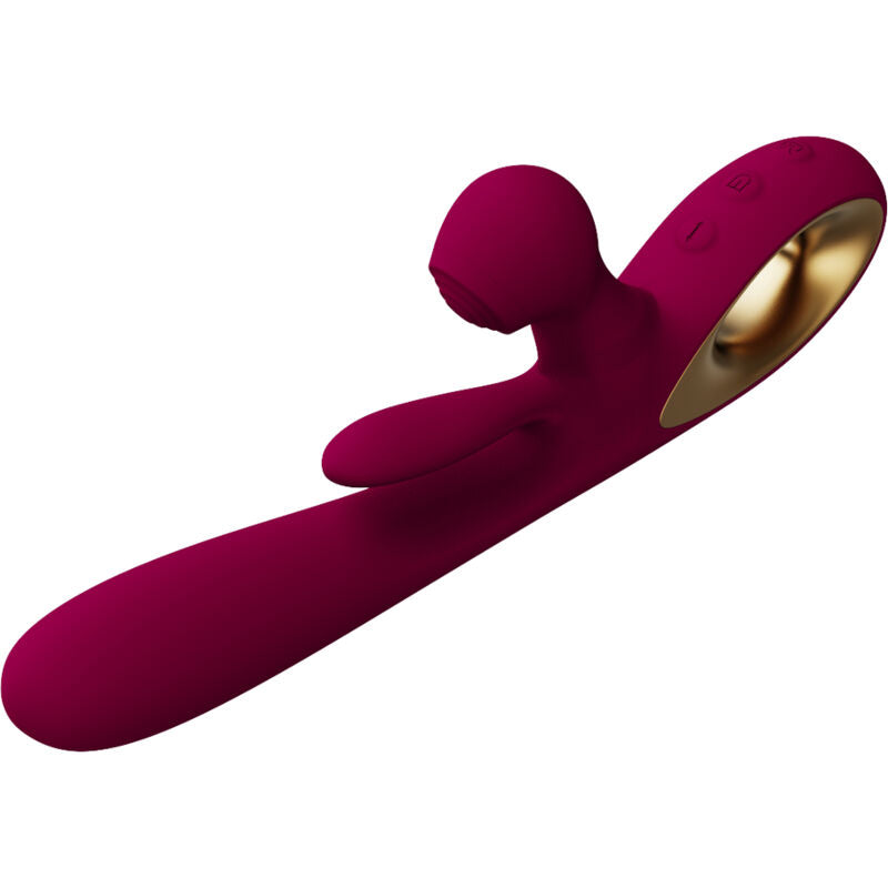 Close-up do ARMONY Vibrador de Impacto Swing com Estimulador Duplo e Língua Móvel, em cor bordeaux, mostrando detalhes do seu design ergonómico e textura.