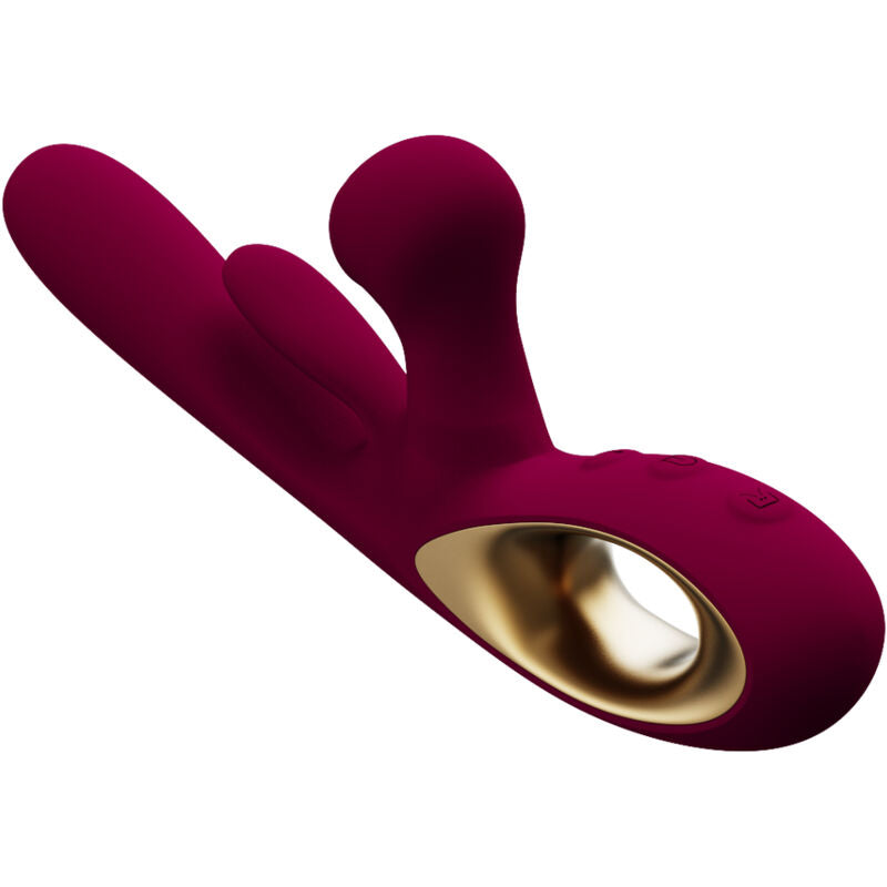 Close-up do ARMONY Vibrador de Impacto Swing com Estimulador Duplo e Língua Móvel, em cor bordeaux, mostrando detalhes do seu design ergonómico e textura.