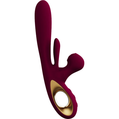 Close-up do ARMONY Vibrador de Impacto Swing com Estimulador Duplo e Língua Móvel, em cor bordeaux, mostrando detalhes do seu design ergonómico e textura.