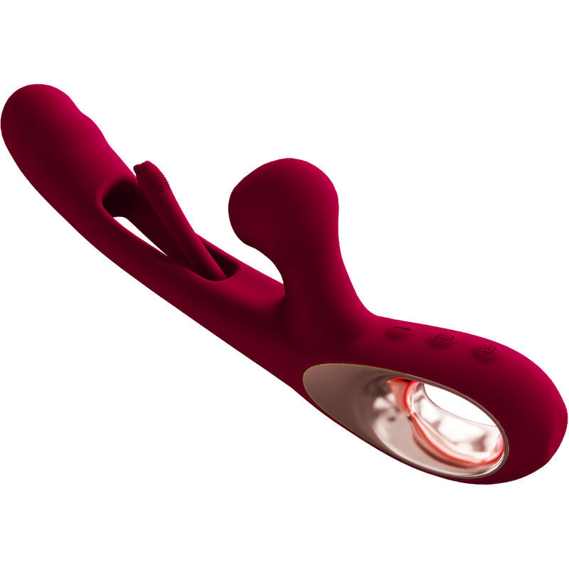 ARMONY Vibrador Impacto Swing e Estimulador Duplo na cor bordô, mostrando seu design ergonômico e texturas para estimulação.