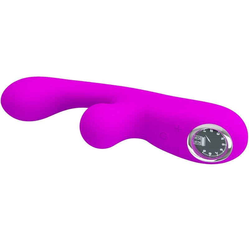 Close-up do Vibrador Rabbit PRETTY LOVE Skylar Roxo, mostrando seu design ergonómico e textura de silicone macio.