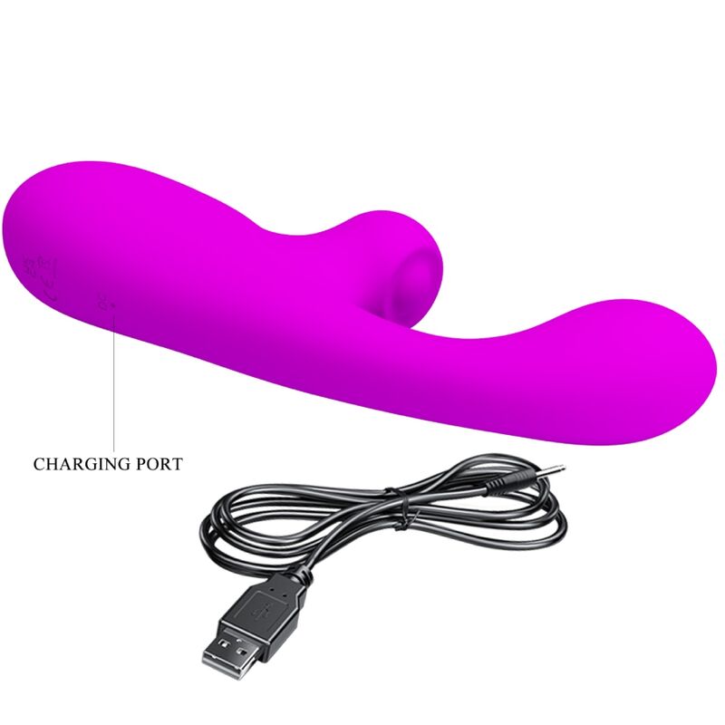 Close-up do Vibrador Rabbit PRETTY LOVE Skylar Roxo, mostrando seu design ergonómico e textura de silicone macio.