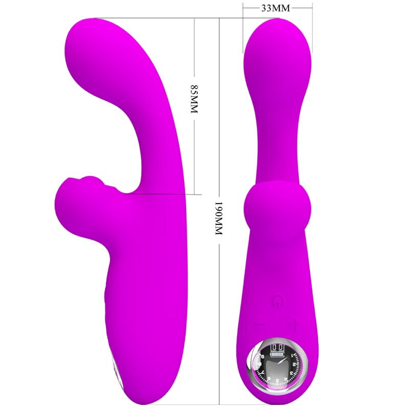 Close-up do Vibrador Rabbit PRETTY LOVE Skylar Roxo, mostrando seu design ergonómico e textura de silicone macio.