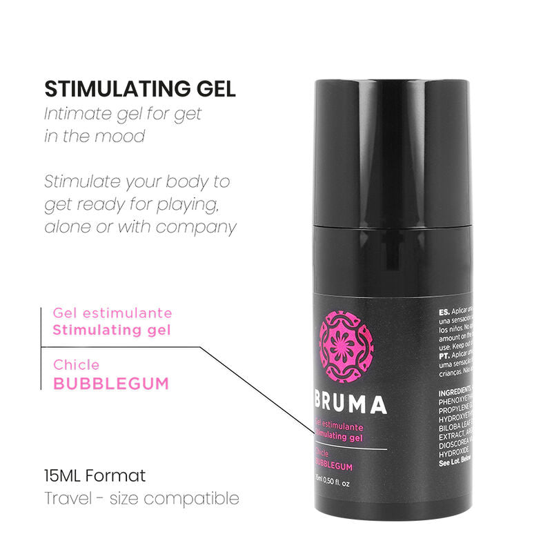 Close-up do BRUMA Gel Estimulante Sabor Bubblegum 15 ML, mostrando a embalagem compacta e detalhes do produto.