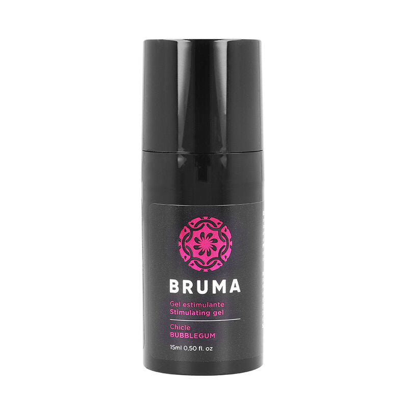 Close-up do BRUMA Gel Estimulante Sabor Bubblegum 15 ML, mostrando a embalagem compacta e detalhes do produto.