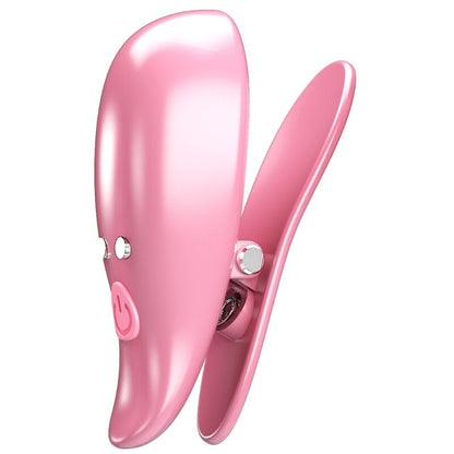 Pinças vibratórias Pretty Love Leaf para mamilos, em rosa, com detalhes do design e funcionalidade.