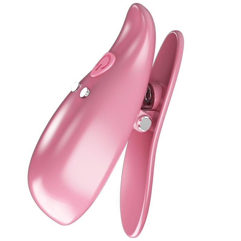 Pinças vibratórias Pretty Love Leaf para mamilos, em rosa, com detalhes do design e funcionalidade.